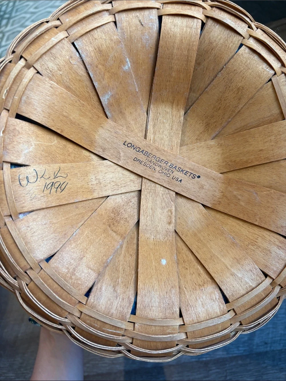 VTG Longaberger Corn Half Bushel Basket 13”W Leather Handles Fabric Liner